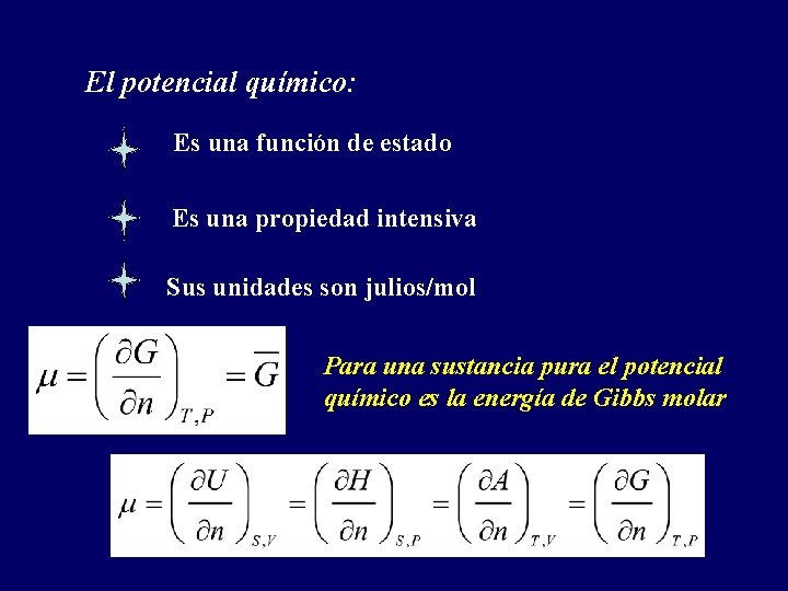 El potencial químico: Es una función de estado Es una propiedad intensiva Sus unidades