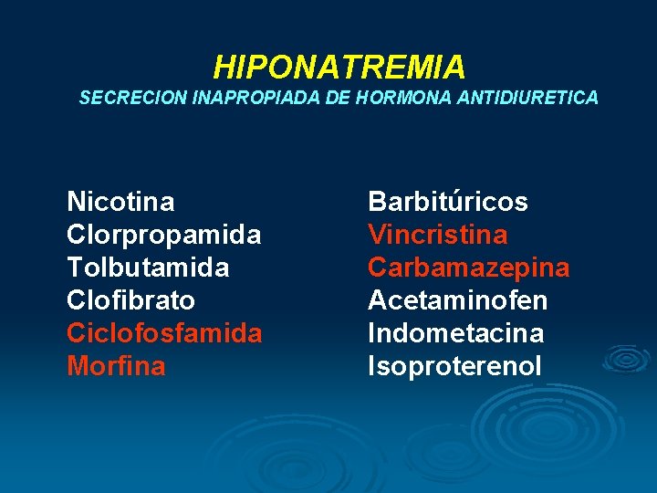 HIPONATREMIA SECRECION INAPROPIADA DE HORMONA ANTIDIURETICA Nicotina Clorpropamida Tolbutamida Clofibrato Ciclofosfamida Morfina Barbitúricos Vincristina HIPONATREMIA SECRECION INAPROPIADA DE HORMONA ANTIDIURETICA Nicotina Clorpropamida Tolbutamida Clofibrato Ciclofosfamida Morfina Barbitúricos Vincristina