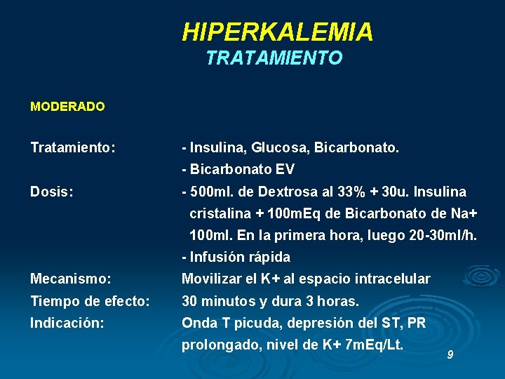 HIPERKALEMIA TRATAMIENTO MODERADO Tratamiento: - Insulina, Glucosa, Bicarbonato. - Bicarbonato EV Dosis: - 500 HIPERKALEMIA TRATAMIENTO MODERADO Tratamiento: - Insulina, Glucosa, Bicarbonato. - Bicarbonato EV Dosis: - 500