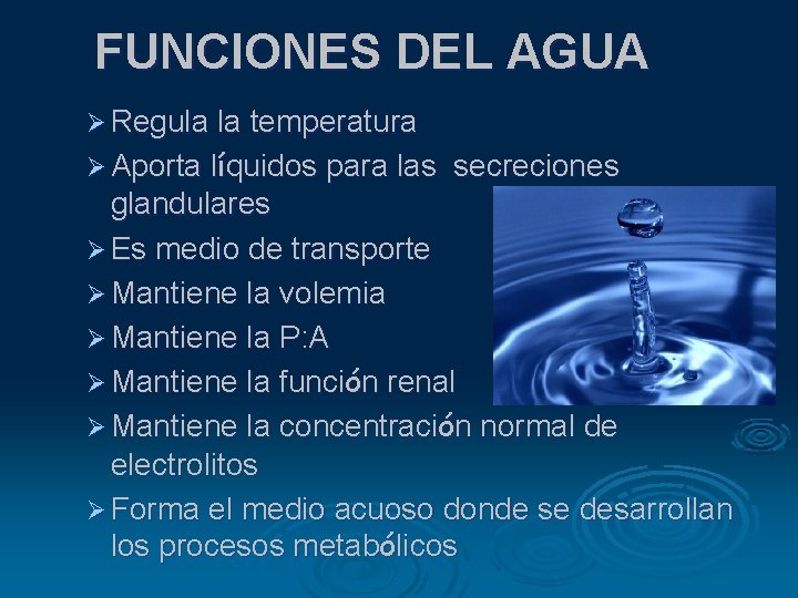 FUNCIONES DEL AGUA Ø Regula la temperatura Ø Aporta líquidos para las secreciones glandulares FUNCIONES DEL AGUA Ø Regula la temperatura Ø Aporta líquidos para las secreciones glandulares