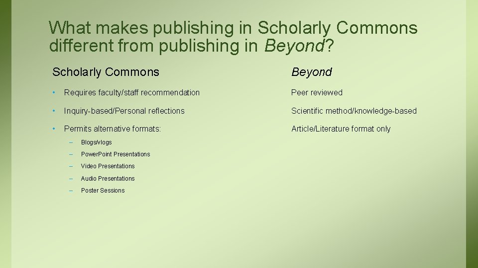 What makes publishing in Scholarly Commons different from publishing in Beyond? Scholarly Commons Beyond