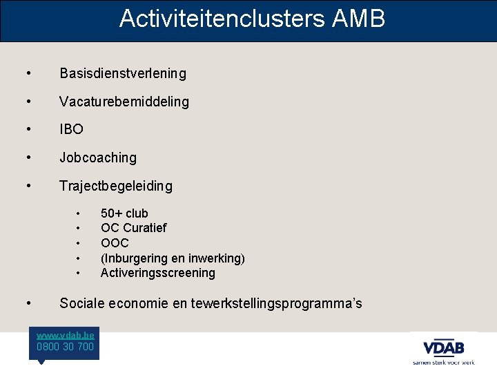 Activiteitenclusters AMB • Basisdienstverlening • Vacaturebemiddeling • IBO • Jobcoaching • Trajectbegeleiding • •