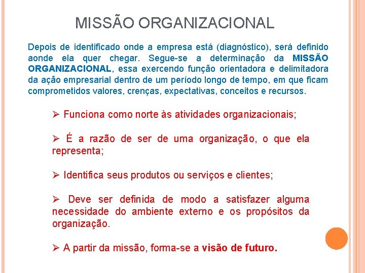 MISSÃO ORGANIZACIONAL Depois de identificado onde a empresa está (diagnóstico), será definido aonde ela