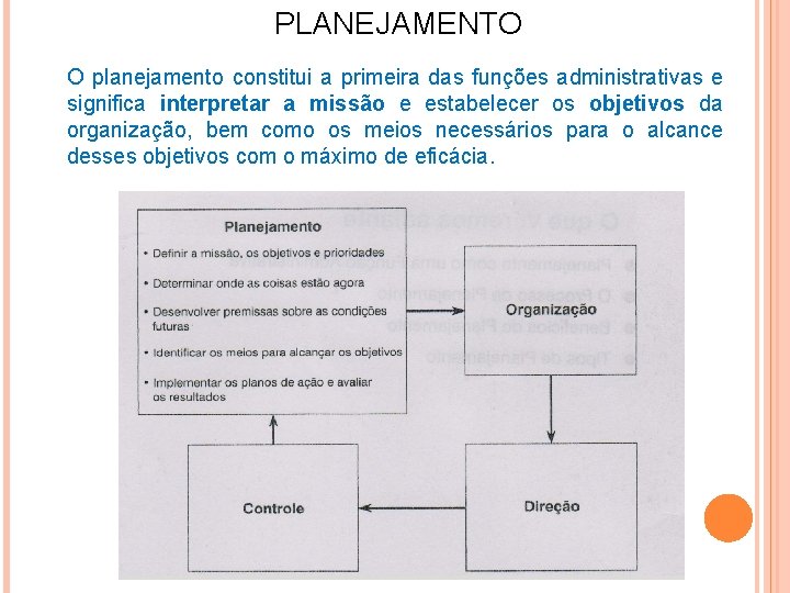 PLANEJAMENTO O planejamento constitui a primeira das funções administrativas e significa interpretar a missão