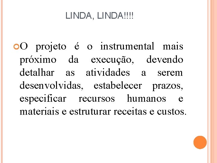 LINDA, LINDA!!!! O projeto é o instrumental mais próximo da execução, devendo detalhar as