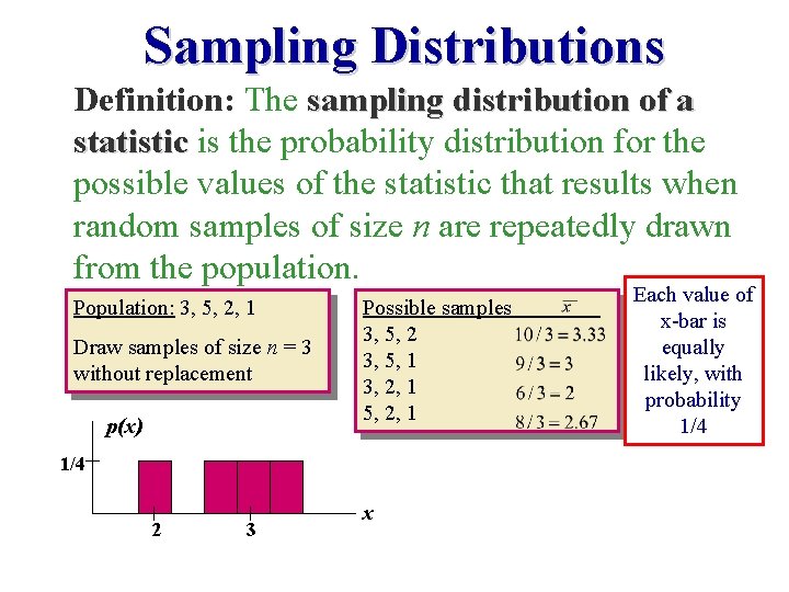 Sampling Distributions Definition: The sampling distribution of a statistic is the probability distribution for