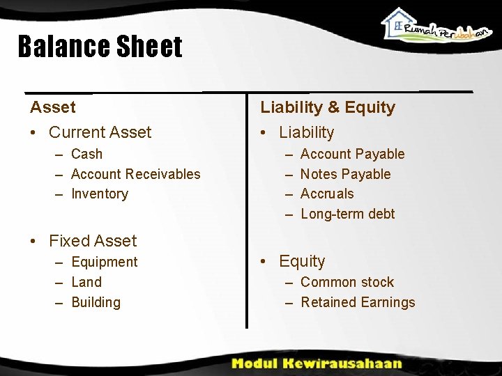 Balance Sheet Asset Liability & Equity • Current Asset • Liability – Cash –
