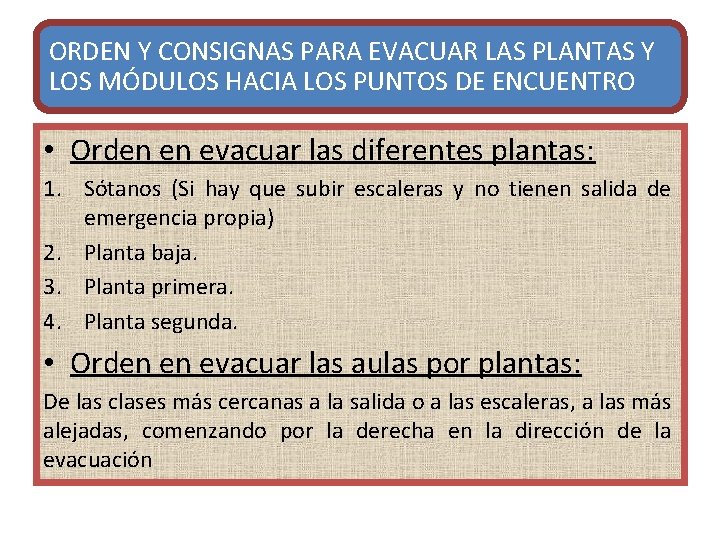 ORDEN Y CONSIGNAS PARA EVACUAR LAS PLANTAS Y LOS MÓDULOS HACIA LOS PUNTOS DE