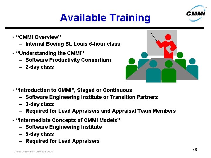 Available Training • “CMMI Overview” – Internal Boeing St. Louis 6 -hour class •