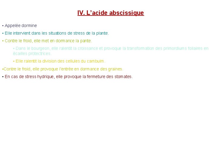 IV. L’acide abscissique • Appelée dormine • Elle intervient dans les situations de stress