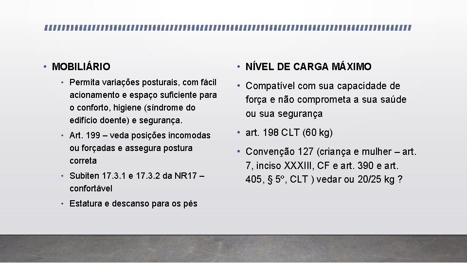  • MOBILIÁRIO • NÍVEL DE CARGA MÁXIMO • Permita variações posturais, com fácil