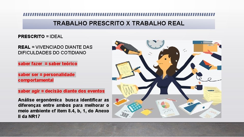 TRABALHO PRESCRITO X TRABALHO REAL PRESCRITO = IDEAL REAL = VIVENCIADO DIANTE DAS DIFICULDADES