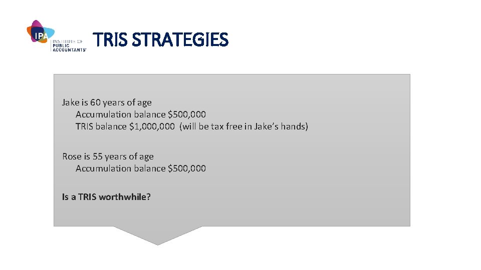 TRIS STRATEGIES Jake is 60 years of age Accumulation balance $500, 000 TRIS balance