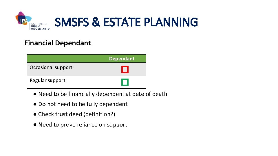 SMSFS & ESTATE PLANNING Financial Dependant Occasional support Regular support � � ● Need