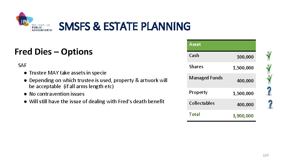 SMSFS & ESTATE PLANNING Fred Dies – Options SAF ● Trustee MAY take assets