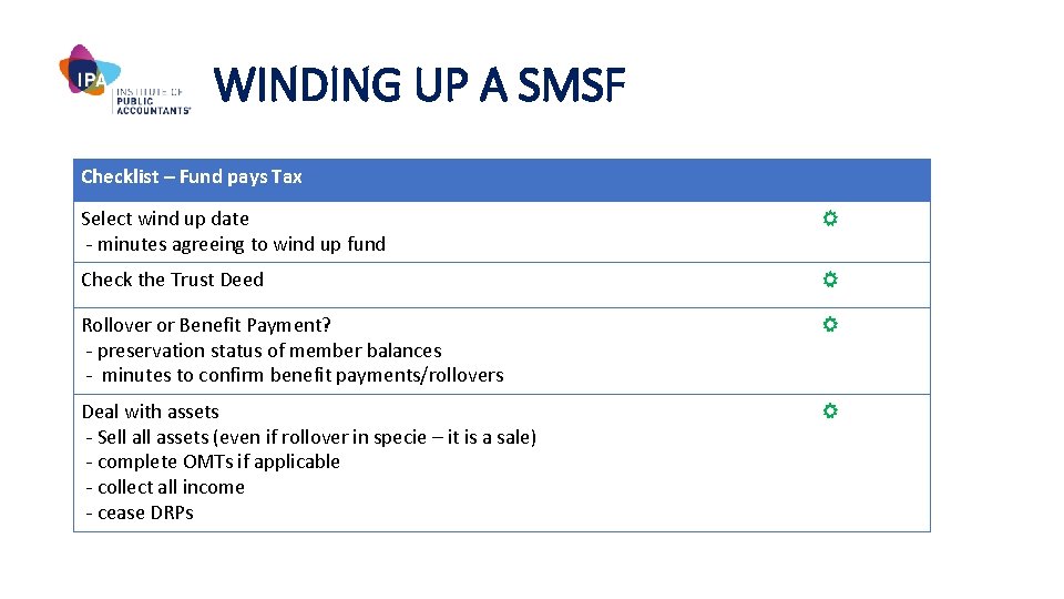 WINDING UP A SMSF Checklist – Fund pays Tax Select wind up date -