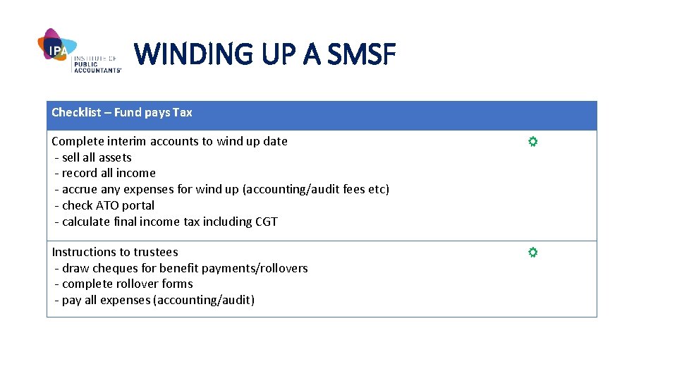 WINDING UP A SMSF Checklist – Fund pays Tax Complete interim accounts to wind