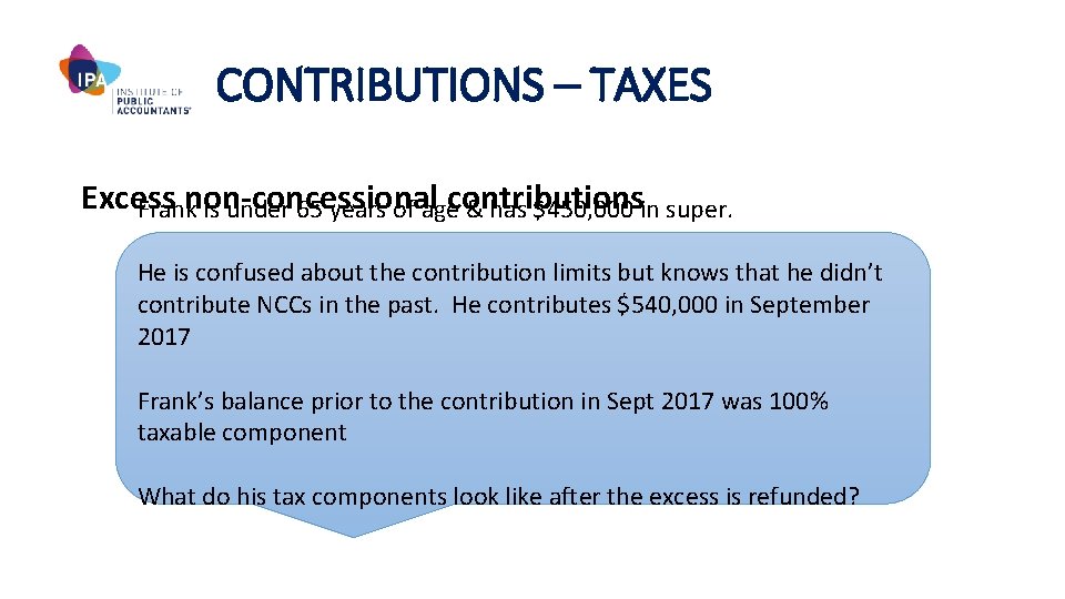 CONTRIBUTIONS – TAXES Excess non-concessional contributions Frank is under 65 years of age &