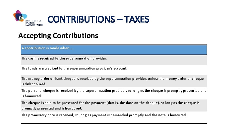 CONTRIBUTIONS – TAXES Accepting Contributions A contribution is made when. . . The cash