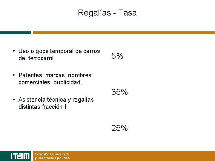 Regalías - Tasa • Uso o goce temporal de carros de ferrocarril. 5% •