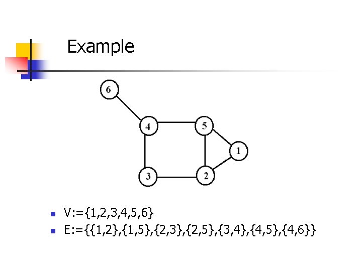 Example n n V: ={1, 2, 3, 4, 5, 6} E: ={{1, 2}, {1, Example n n V: ={1, 2, 3, 4, 5, 6} E: ={{1, 2}, {1,