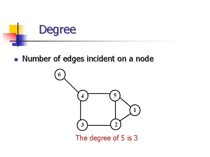 Degree n Number of edges incident on a node The degree of 5 is