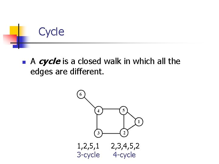 Cycle n A cycle is a closed walk in which all the edges are
