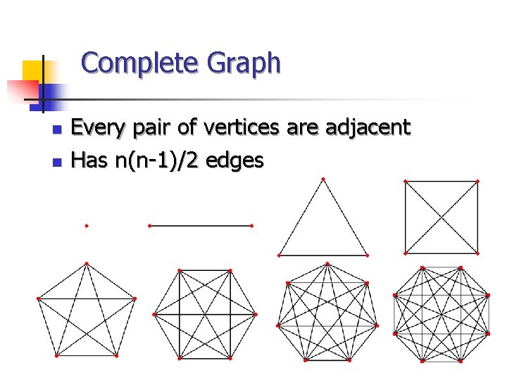 Complete Graph n n Every pair of vertices are adjacent Has n(n-1)/2 edges Complete Graph n n Every pair of vertices are adjacent Has n(n-1)/2 edges