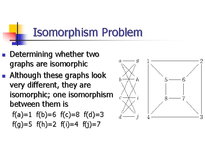Isomorphism Problem n n Determining whether two graphs are isomorphic Although these graphs look