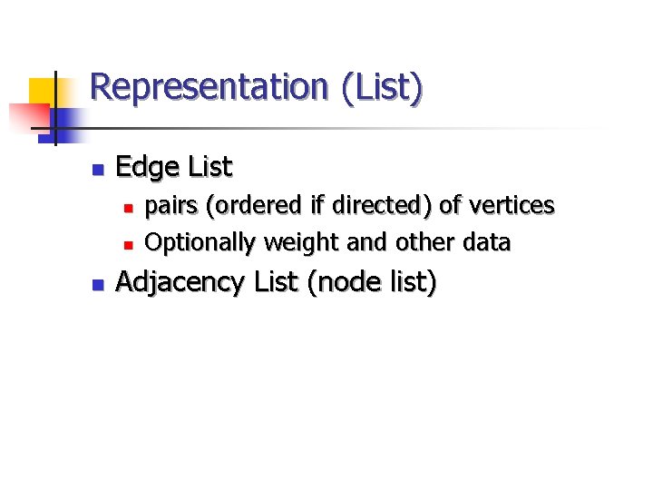 Representation (List) n Edge List n n n pairs (ordered if directed) of vertices Representation (List) n Edge List n n n pairs (ordered if directed) of vertices