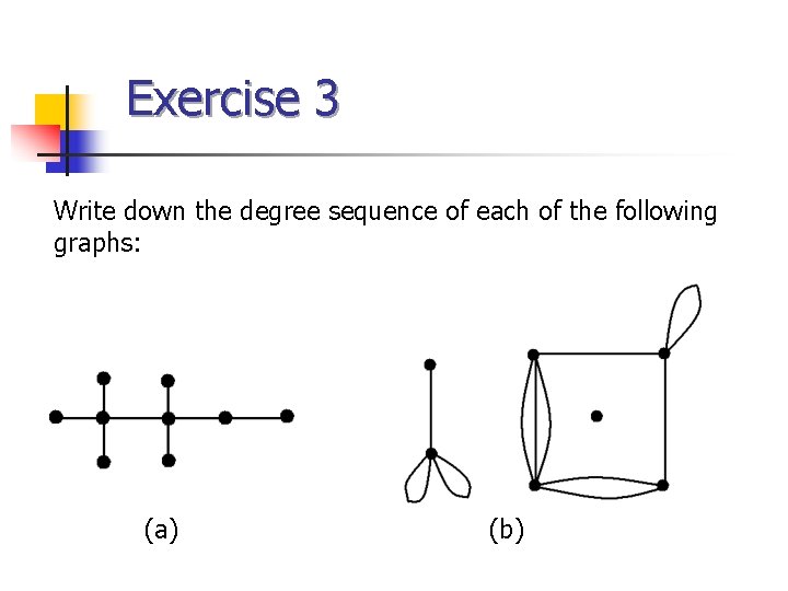 Exercise 3 Write down the degree sequence of each of the following graphs: (a) Exercise 3 Write down the degree sequence of each of the following graphs: (a)