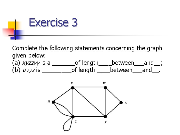 Exercise 3 Complete the following statements concerning the graph given below: (a) xyzzvy is Exercise 3 Complete the following statements concerning the graph given below: (a) xyzzvy is