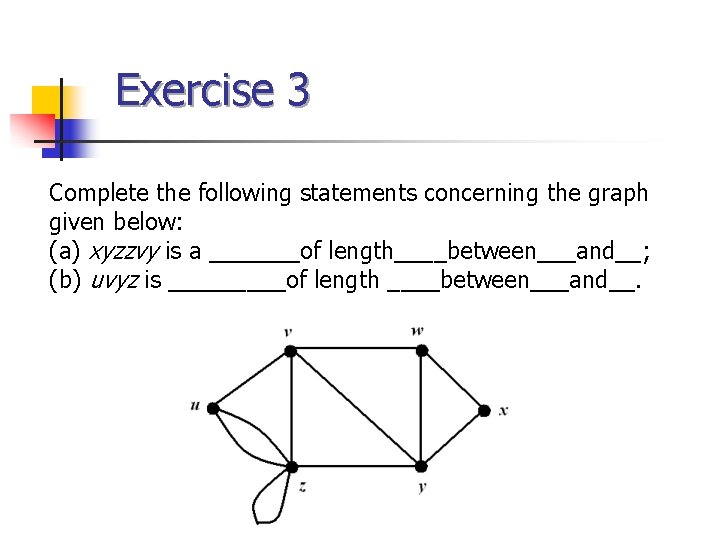 Exercise 3 Complete the following statements concerning the graph given below: (a) xyzzvy is