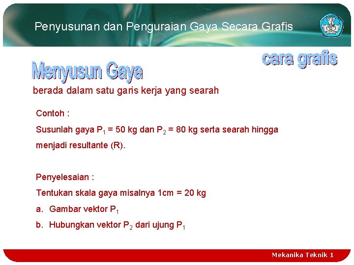 Penyusunan dan Penguraian Gaya Secara Grafis berada dalam satu garis kerja yang searah Contoh