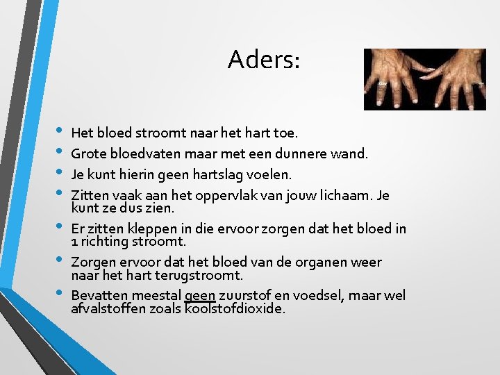 Aders: • • Het bloed stroomt naar het hart toe. Grote bloedvaten maar met