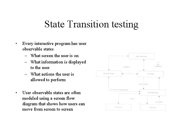 State Transition testing • Every interactive program has user observable states – What screen