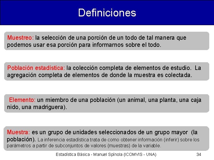 Definiciones Muestreo: la selección de una porción de un todo de tal manera que