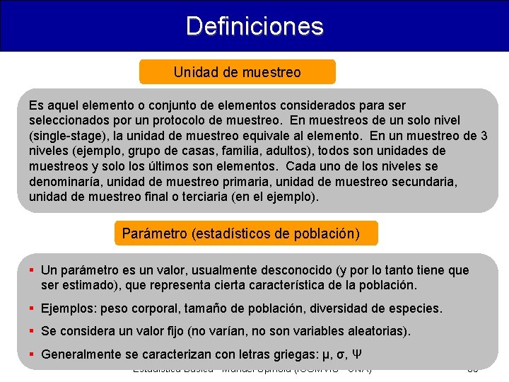Definiciones Unidad de muestreo Es aquel elemento o conjunto de elementos considerados para ser