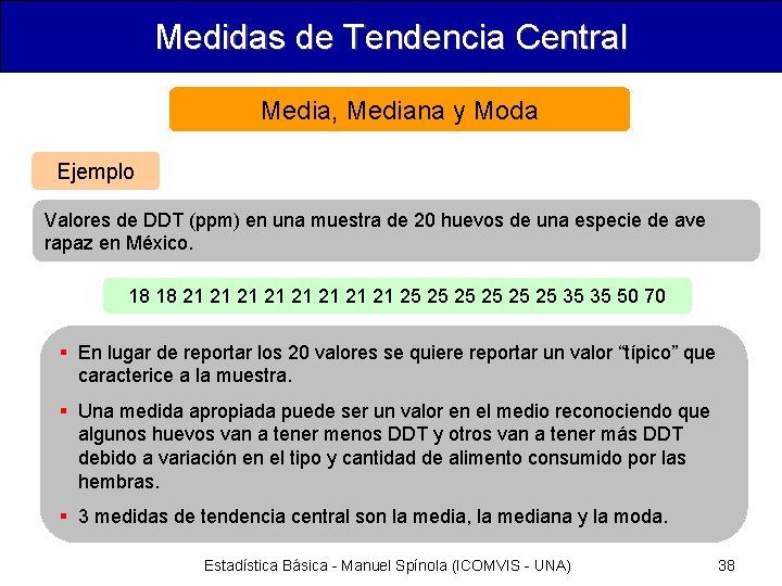 Medidas de Tendencia Central Media, Mediana y Moda Ejemplo Valores de DDT (ppm) en