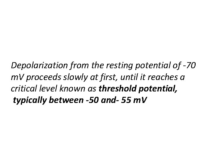 Depolarization from the resting potential of -70 m. V proceeds slowly at first, until