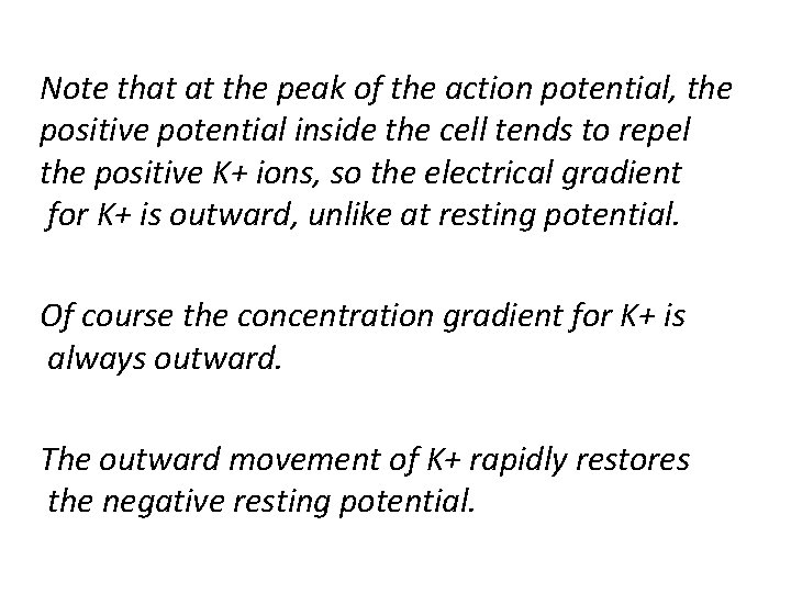Note that at the peak of the action potential, the positive potential inside the