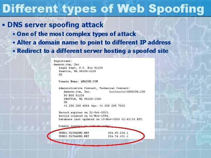 Different types of Web Spoofing • DNS server spoofing attack • One of the