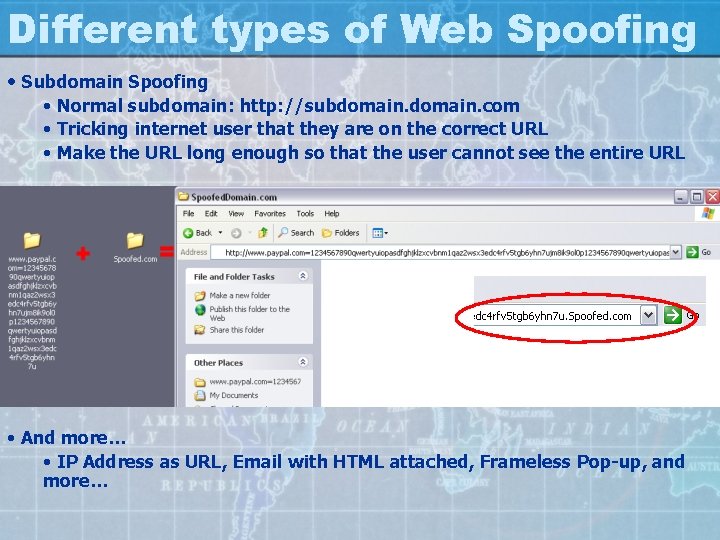 Different types of Web Spoofing • Subdomain Spoofing • Normal subdomain: http: //subdomain. com