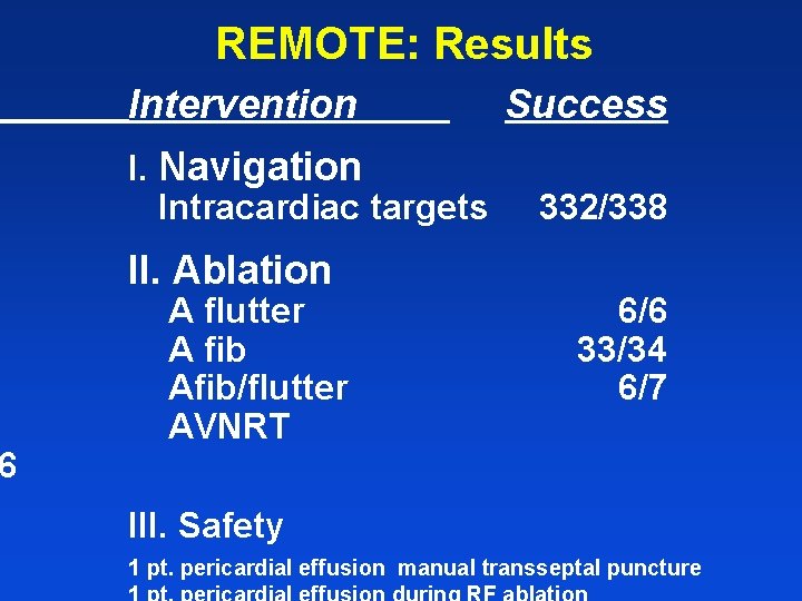 6 REMOTE: Results Intervention I. Navigation Intracardiac targets II. Ablation A flutter A fib