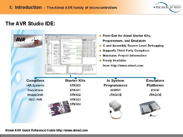 I: Introduction – The Atmel AVR family of microcontrollers The AVR Studio IDE: Atmel I: Introduction – The Atmel AVR family of microcontrollers The AVR Studio IDE: Atmel