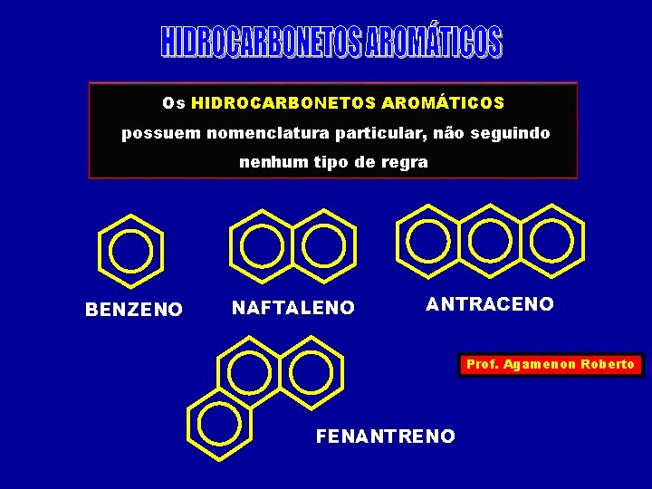 Os HIDROCARBONETOS AROMÁTICOS possuem nomenclatura particular, não seguindo nenhum tipo de regra BENZENO NAFTALENO