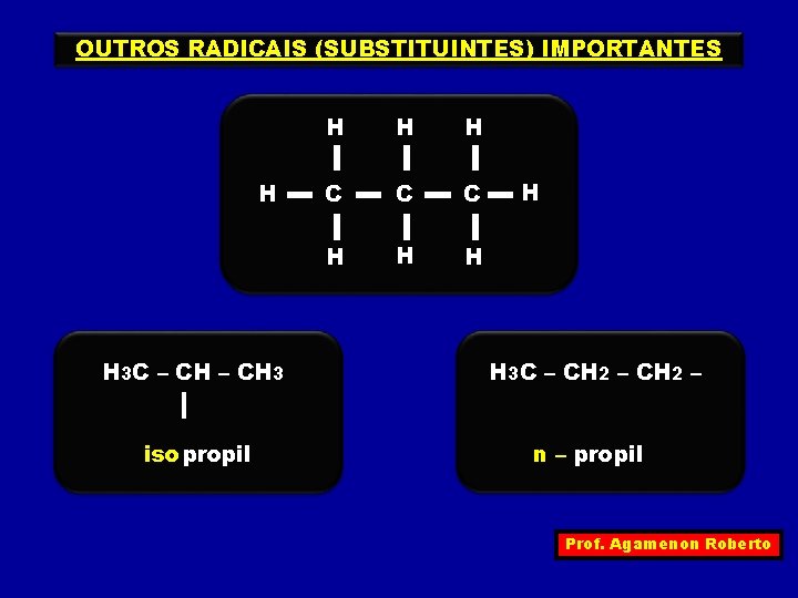 OUTROS RADICAIS (SUBSTITUINTES) IMPORTANTES H H 3 C – CH 3 iso propil H