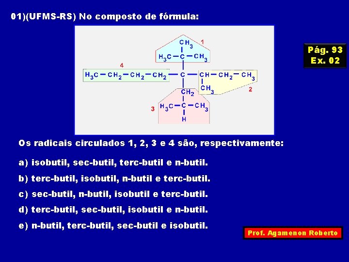 01)(UFMS-RS) No composto de fórmula: Pág. 93 Ex. 02 Os radicais circulados 1, 2,