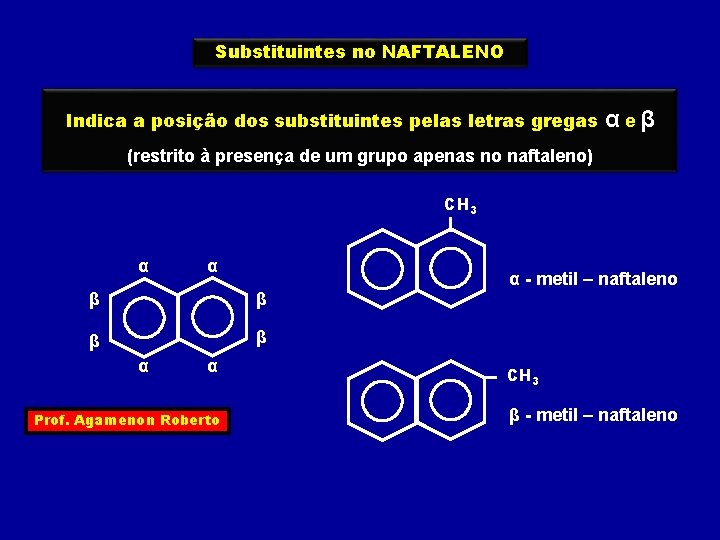 Substituintes no NAFTALENO Indica a posição dos substituintes pelas letras gregas αeβ (restrito à