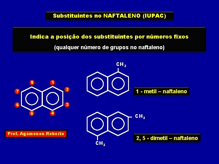 Substituintes no NAFTALENO (IUPAC) Indica a posição dos substituintes por números fixos (qualquer número